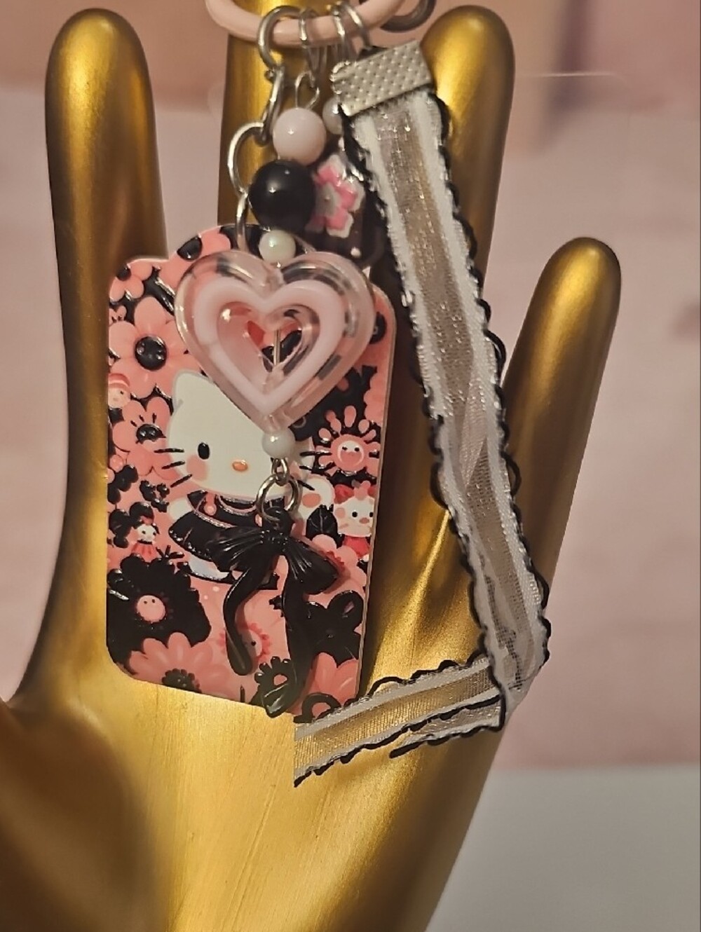 CHARMS: Hello Kitty Pink and Black Floral Tag Charm with Ribbon - Picture 3 of 3